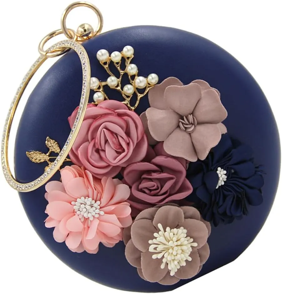 Clutches for Women Round Clutch Bag Sequin Blue Purse Sling Bag for Women Motorbike Keychain Beaded