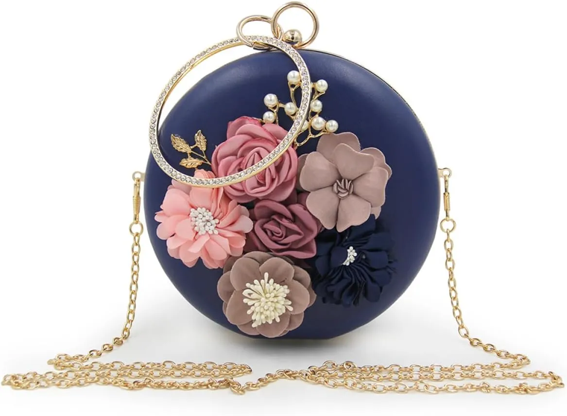 Clutches for Women Round Clutch Bag Sequin Blue Purse Sling Bag for Women Motorbike Keychain Beaded