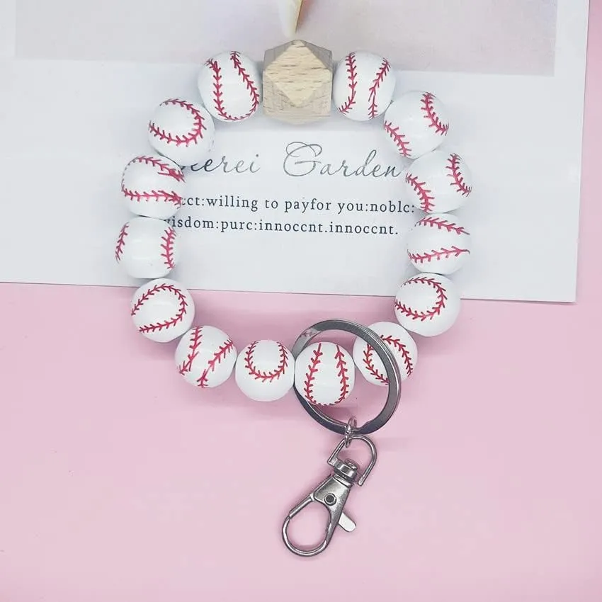COLORFUL BLING Silicone Key Ring Baseball Softball Bracelet Beaded Wristlet Keychain House Car Keys Rings Holder