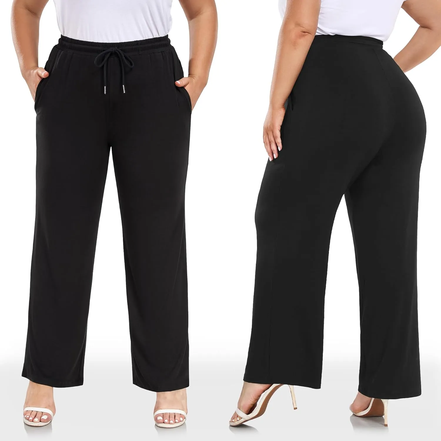COOTRY Women's Plus Size Wide Leg Yoga Pants Drawstring Stretchy Loose Comfy Palazzo Casual Lounge Pants with Pockets