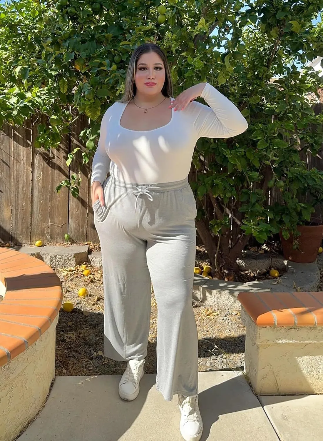 COOTRY Women's Plus Size Wide Leg Yoga Pants Drawstring Stretchy Loose Comfy Palazzo Casual Lounge Pants with Pockets
