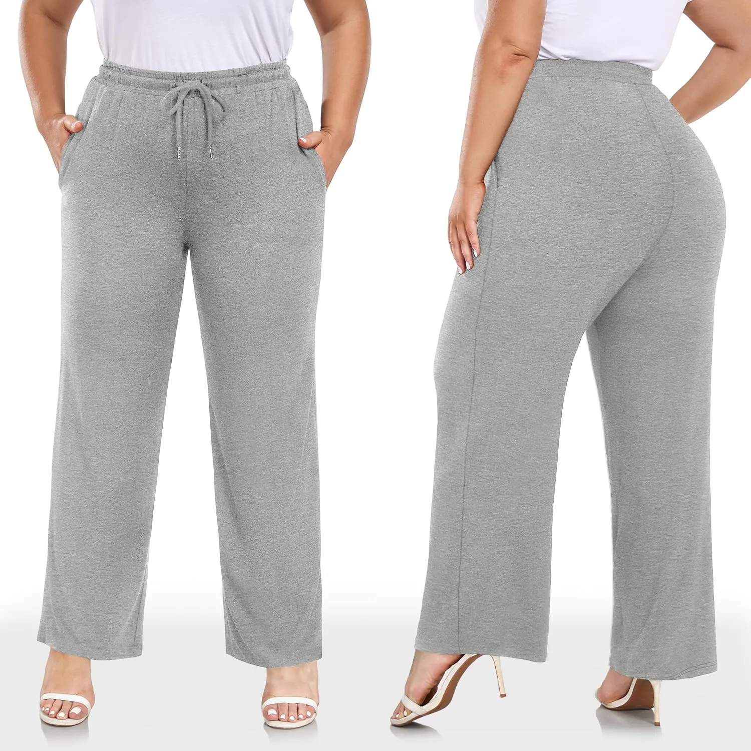 COOTRY Women's Plus Size Wide Leg Yoga Pants Drawstring Stretchy Loose Comfy Palazzo Casual Lounge Pants with Pockets