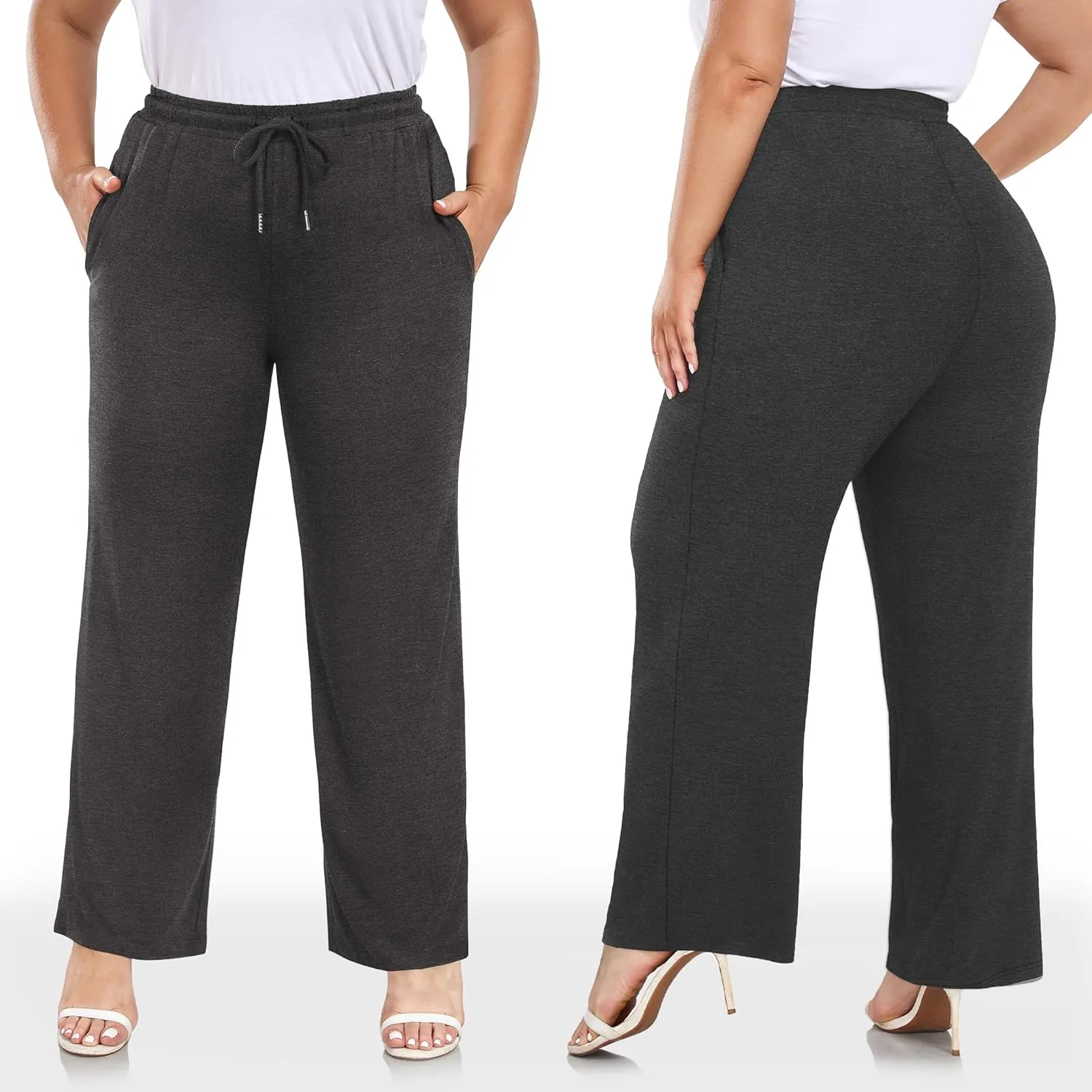 COOTRY Women's Plus Size Wide Leg Yoga Pants Drawstring Stretchy Loose Comfy Palazzo Casual Lounge Pants with Pockets