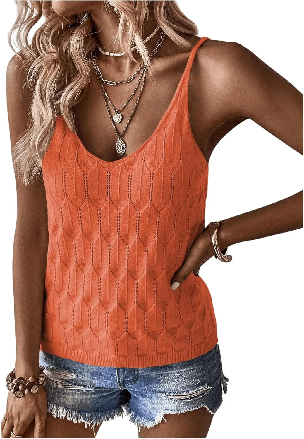 COZYEASE Women's Knit Cami Tops Spaghetti Strap Pointelle Sweater Vest Bodycon Sleeveless Casual Summer Tank Tops