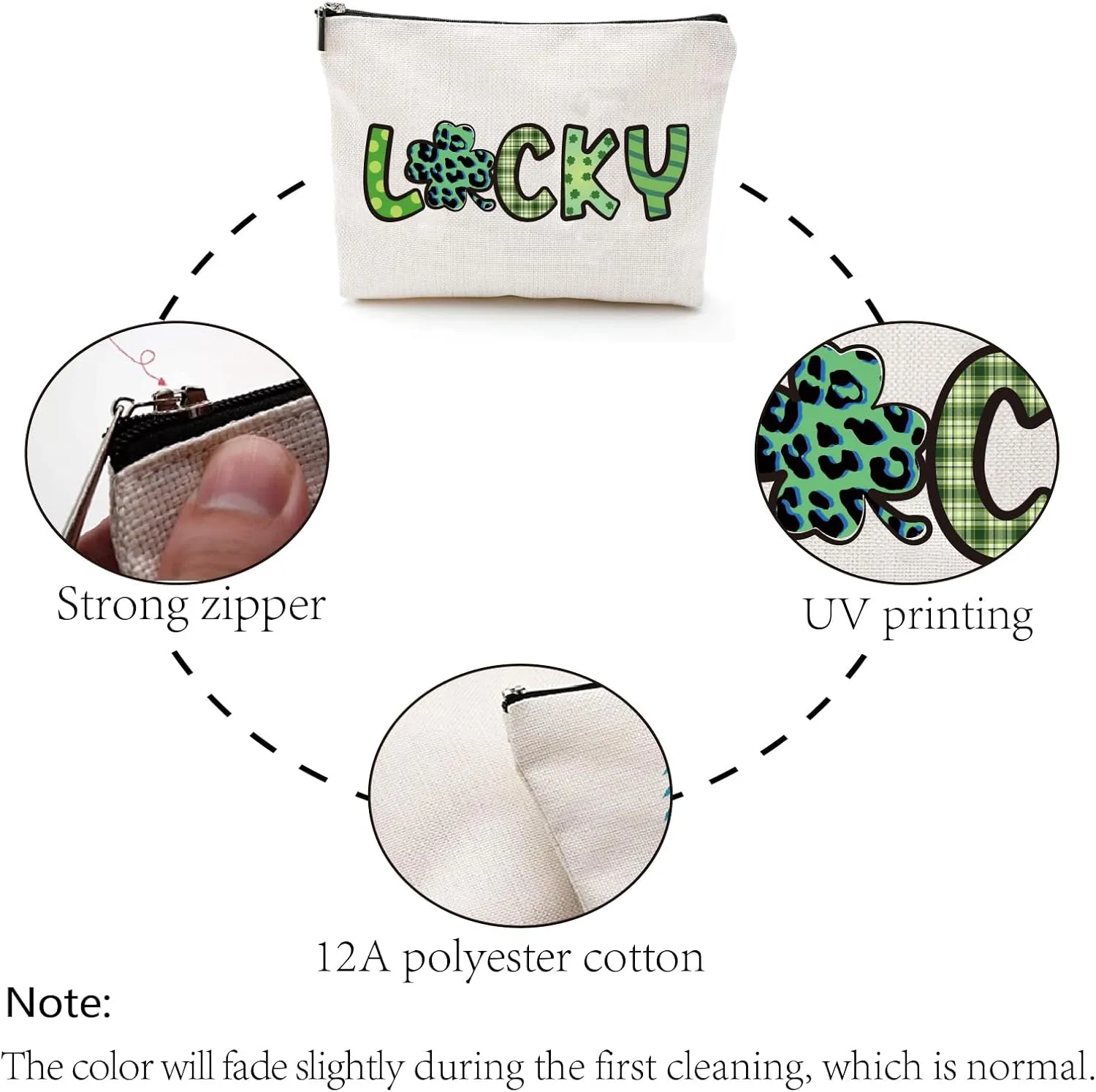 CREATCABIN Lucky Makeup Bags Canvas Cosmetic Bag Multi Purpose Case Zipper Green Clover Pouches Toiletry Travel Storage Bag Purse Portable Makeup Storage Organizer for St. Patrick's Day Women 10x7Inch