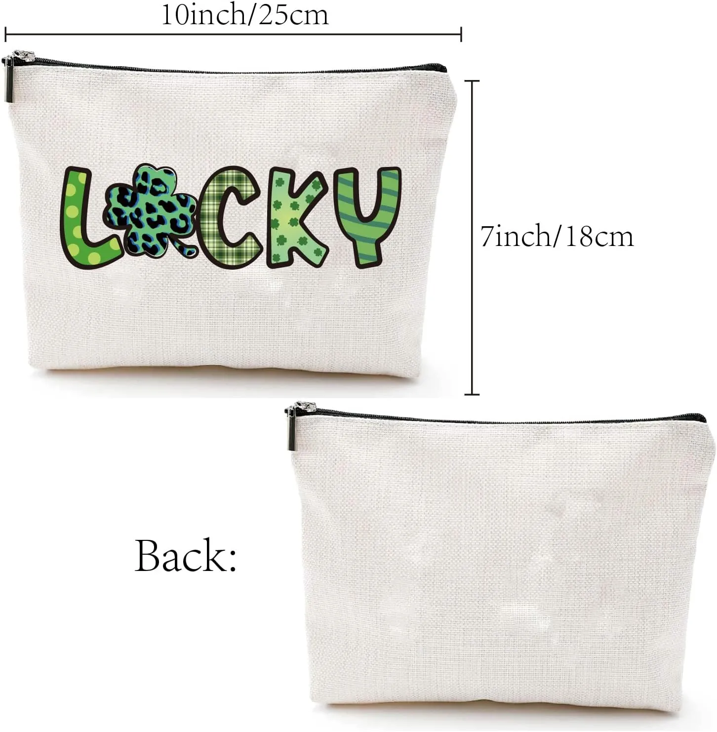 CREATCABIN Lucky Makeup Bags Canvas Cosmetic Bag Multi Purpose Case Zipper Green Clover Pouches Toiletry Travel Storage Bag Purse Portable Makeup Storage Organizer for St. Patrick's Day Women 10x7Inch