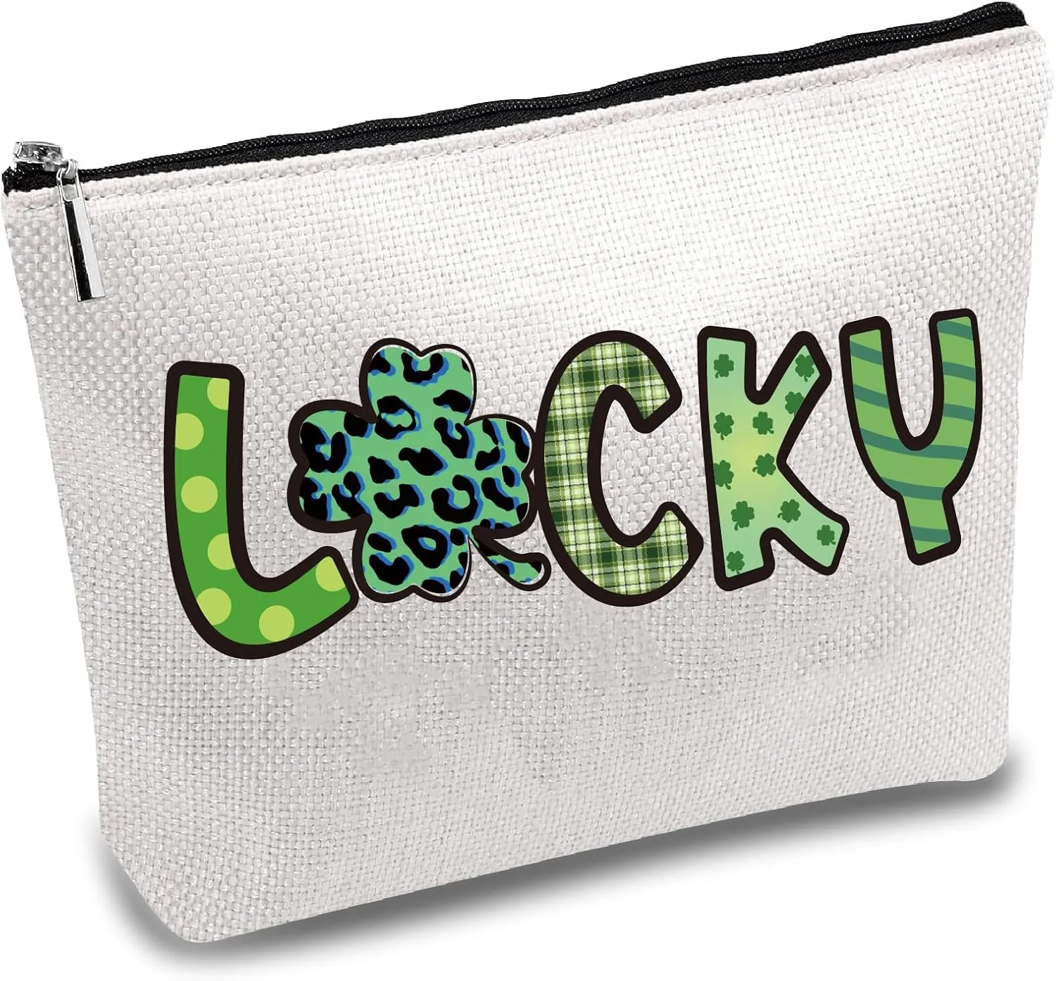 CREATCABIN Lucky Makeup Bags Canvas Cosmetic Bag Multi Purpose Case Zipper Green Clover Pouches Toiletry Travel Storage Bag Purse Portable Makeup Storage Organizer for St. Patrick's Day Women 10x7Inch