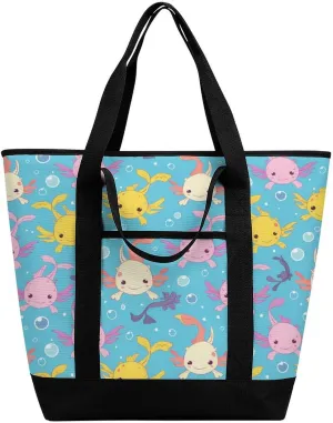 Cute Axolotl Pattern Shopping Bags Insulated Lunch Bag Shoulder Grocery Bags for Work Travel Beach