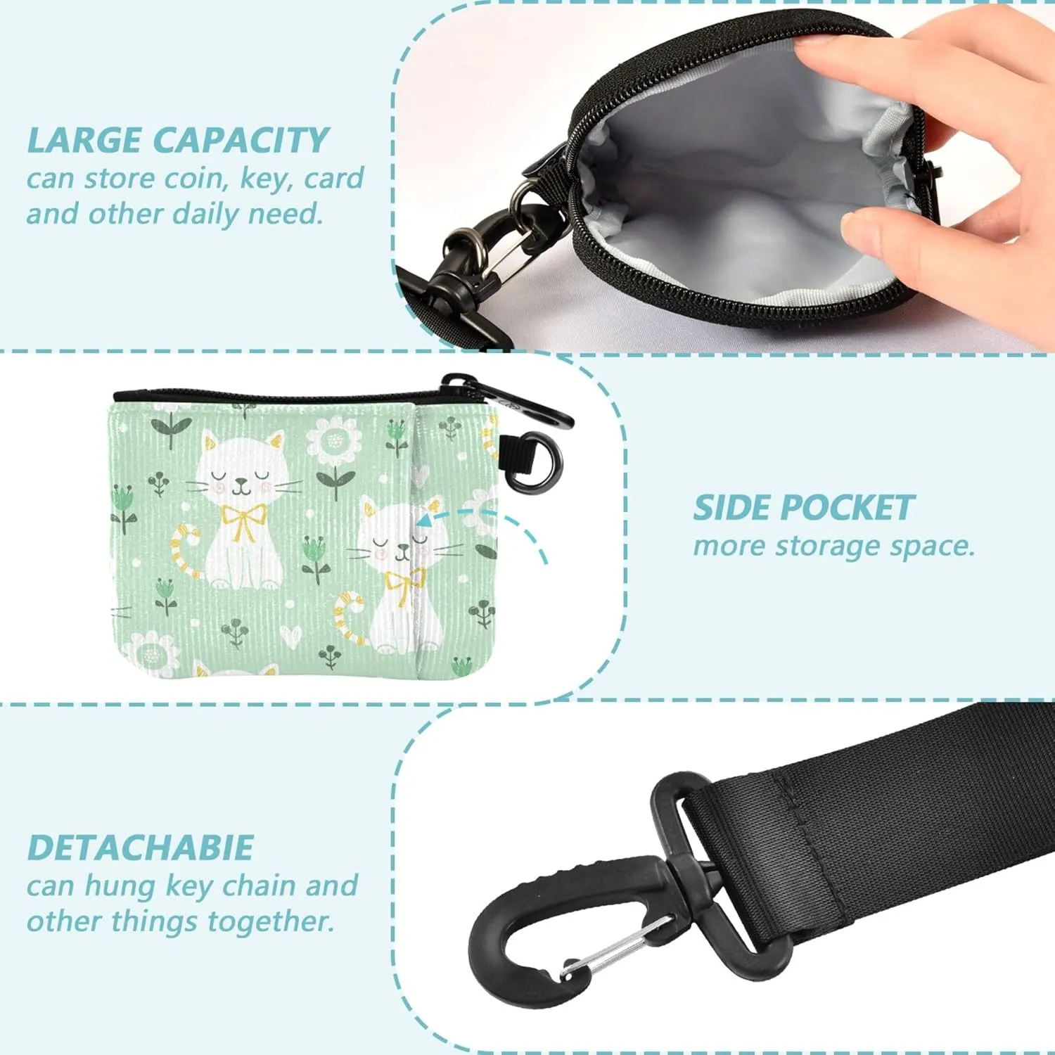 Cute Cats Dual Wristlet Wallets for Women Slim Detachable Women Credit Card Case Coin Purse with Zipper Pocket for Work Travel 2 Packs