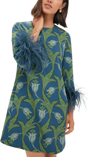 D-Sun Women 3/4 Sleeves Feather Party Dress Round Neck Casual Feather Elegant Wedding Guest Cocktail Mini Dress
