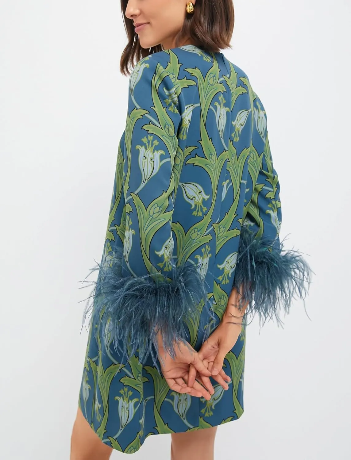 D-Sun Women 3/4 Sleeves Feather Party Dress Round Neck Casual Feather Elegant Wedding Guest Cocktail Mini Dress