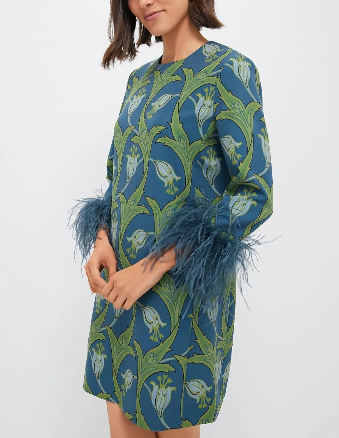 D-Sun Women 3/4 Sleeves Feather Party Dress Round Neck Casual Feather Elegant Wedding Guest Cocktail Mini Dress
