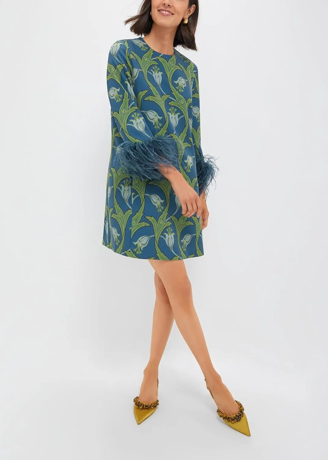 D-Sun Women 3/4 Sleeves Feather Party Dress Round Neck Casual Feather Elegant Wedding Guest Cocktail Mini Dress