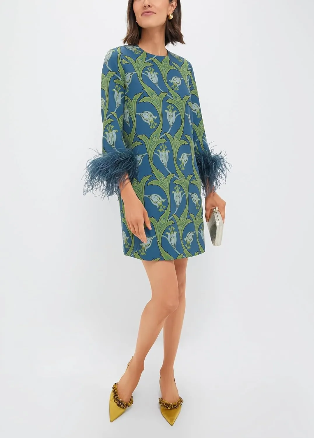 D-Sun Women 3/4 Sleeves Feather Party Dress Round Neck Casual Feather Elegant Wedding Guest Cocktail Mini Dress