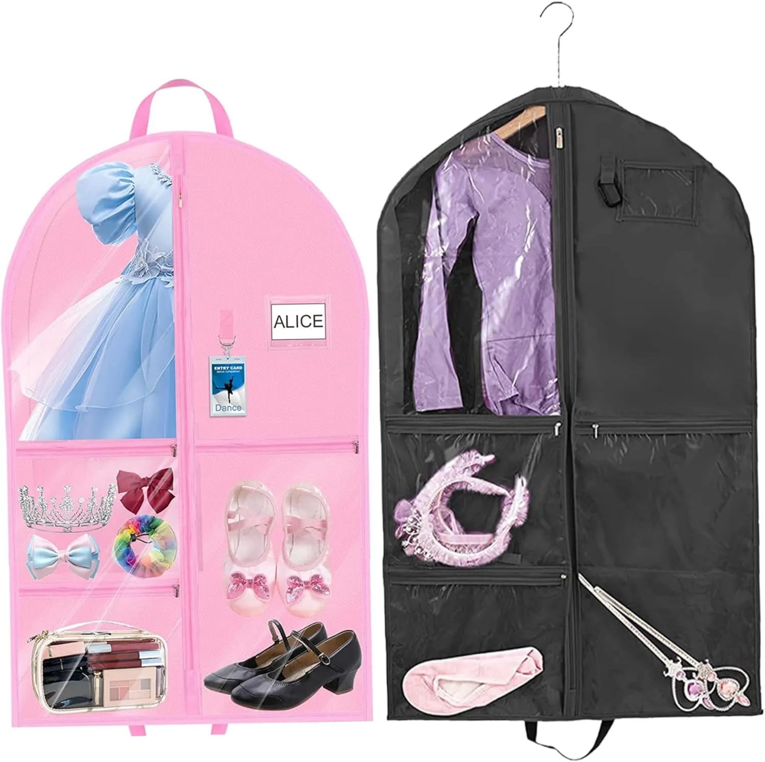 Dance Costume Garment Bag 39.4inch Dustproof Dance Bag with Garment Rack 6 Pockets Competition Portable Bags for Dancers Home Travel Black Costume