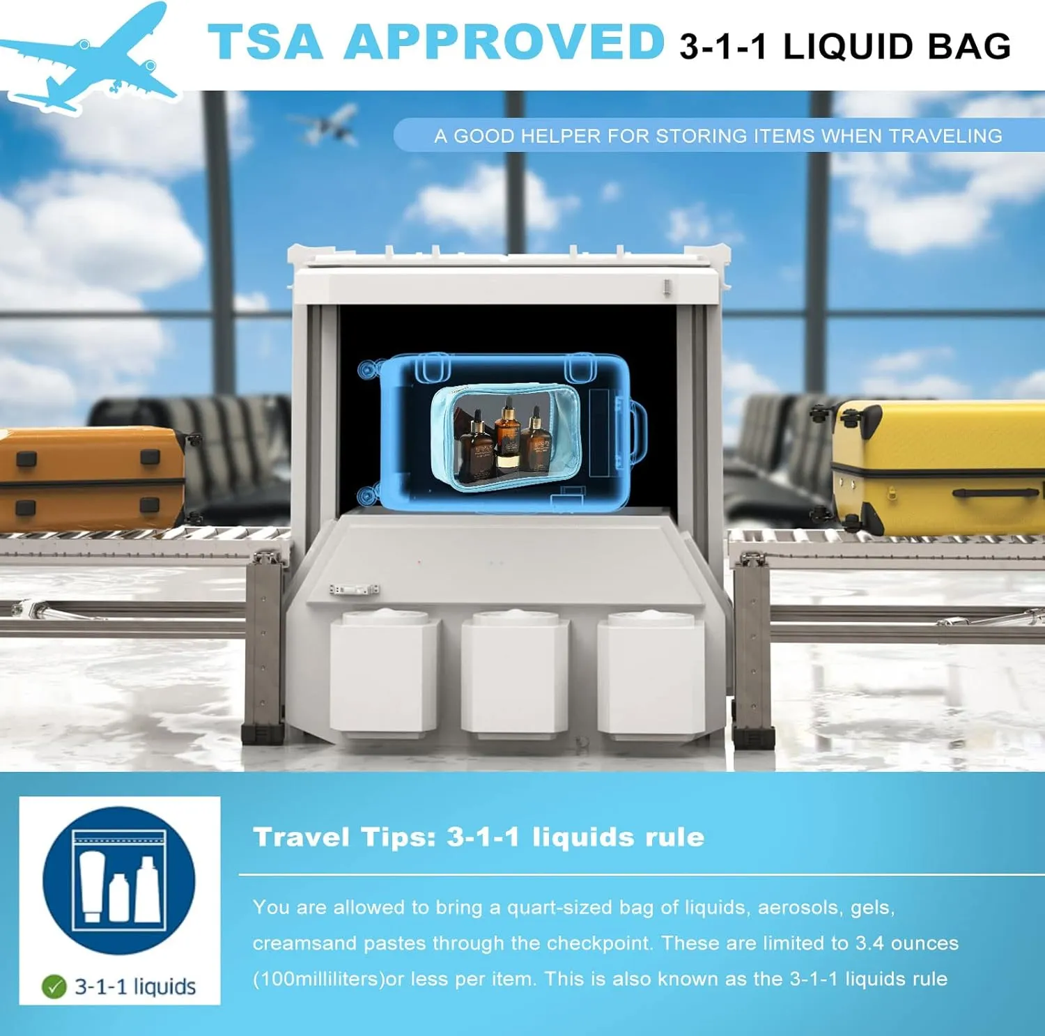 DARIN Clear Toiletry Bag 3Pack TPU Makeup Cosmetic Bag TSA Approved Toiletry Bag, Waterproof Travel Liquid Bag for Air Flight, Clear Travel Carry On Pouch for Women and Men (1L 1M 1S,Clear Blue)