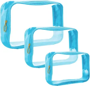 DARIN Clear Toiletry Bag 3Pack TPU Makeup Cosmetic Bag TSA Approved Toiletry Bag, Waterproof Travel Liquid Bag for Air Flight, Clear Travel Carry On Pouch for Women and Men (1L 1M 1S,Clear Blue)