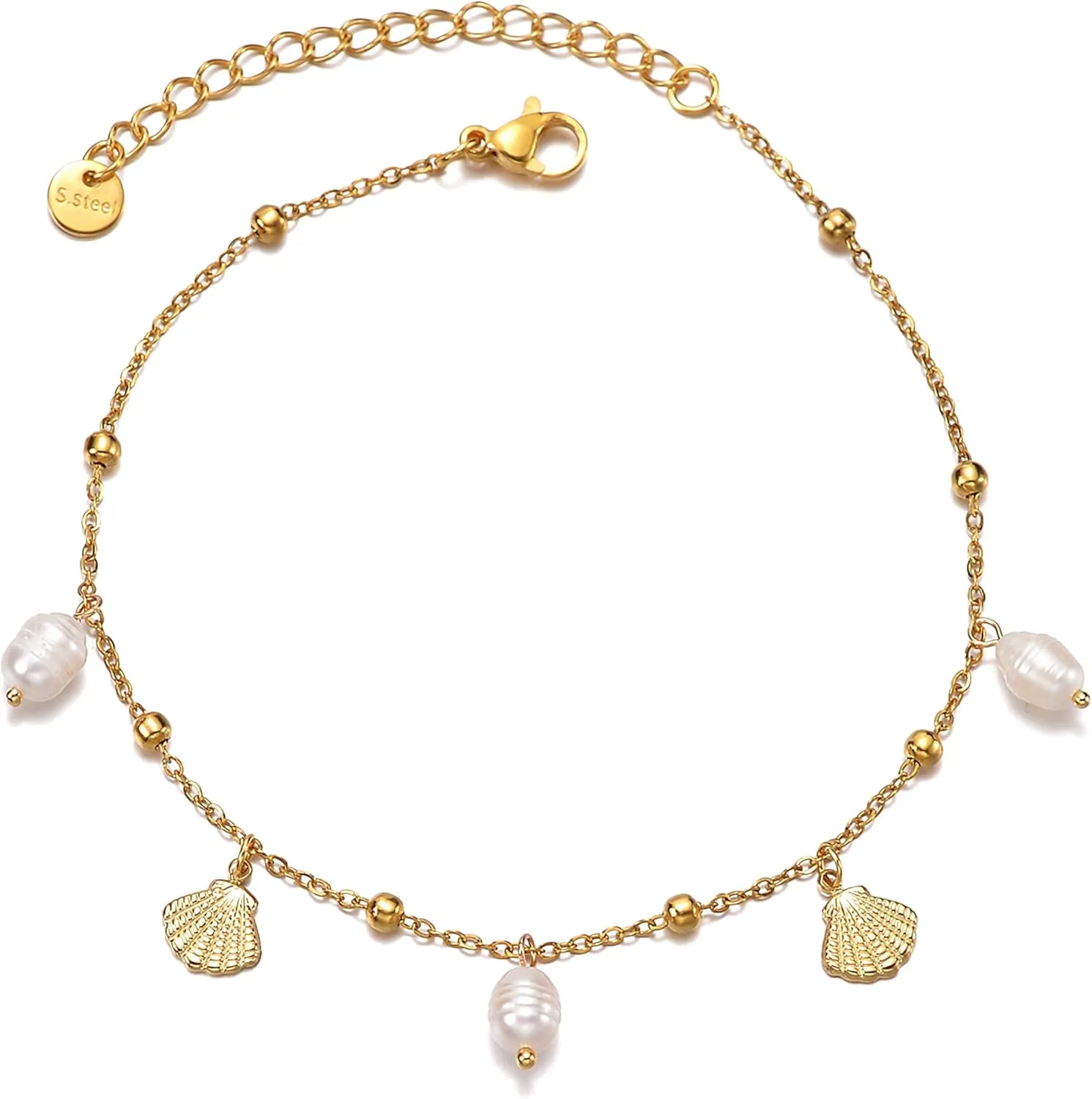 Delicate Gold Pearl Shell Charm Ankle Bracelet Stacks for Women, Handmade non-Tarnish Waterproof Adjustable Anklets Summer Beach Ocean Fashion Jewelry Gift.