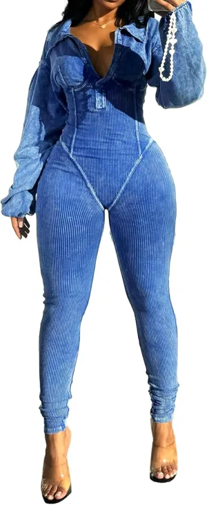 DINGANG Fall Outfits for Women's Sexy One Piece Jumpsuits Lantern Long Sleeve Bodycon Ribbed Romper