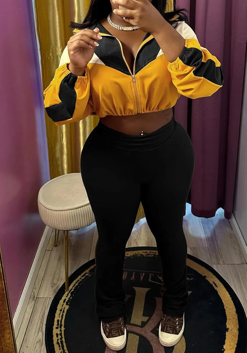 DINGANG Women's 2 Piece Sweatsuit Outfits Color Block Zip Up Cropped Jackets Flare Legging Pant Tracksuit Set