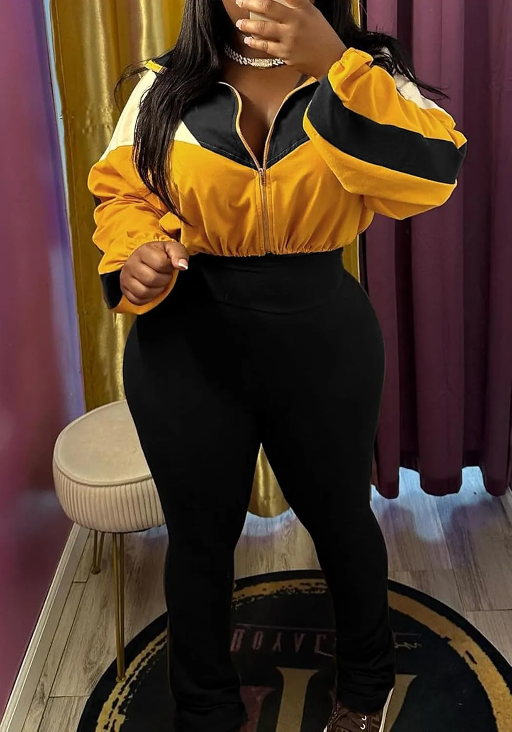 DINGANG Women's 2 Piece Sweatsuit Outfits Color Block Zip Up Cropped Jackets Flare Legging Pant Tracksuit Set