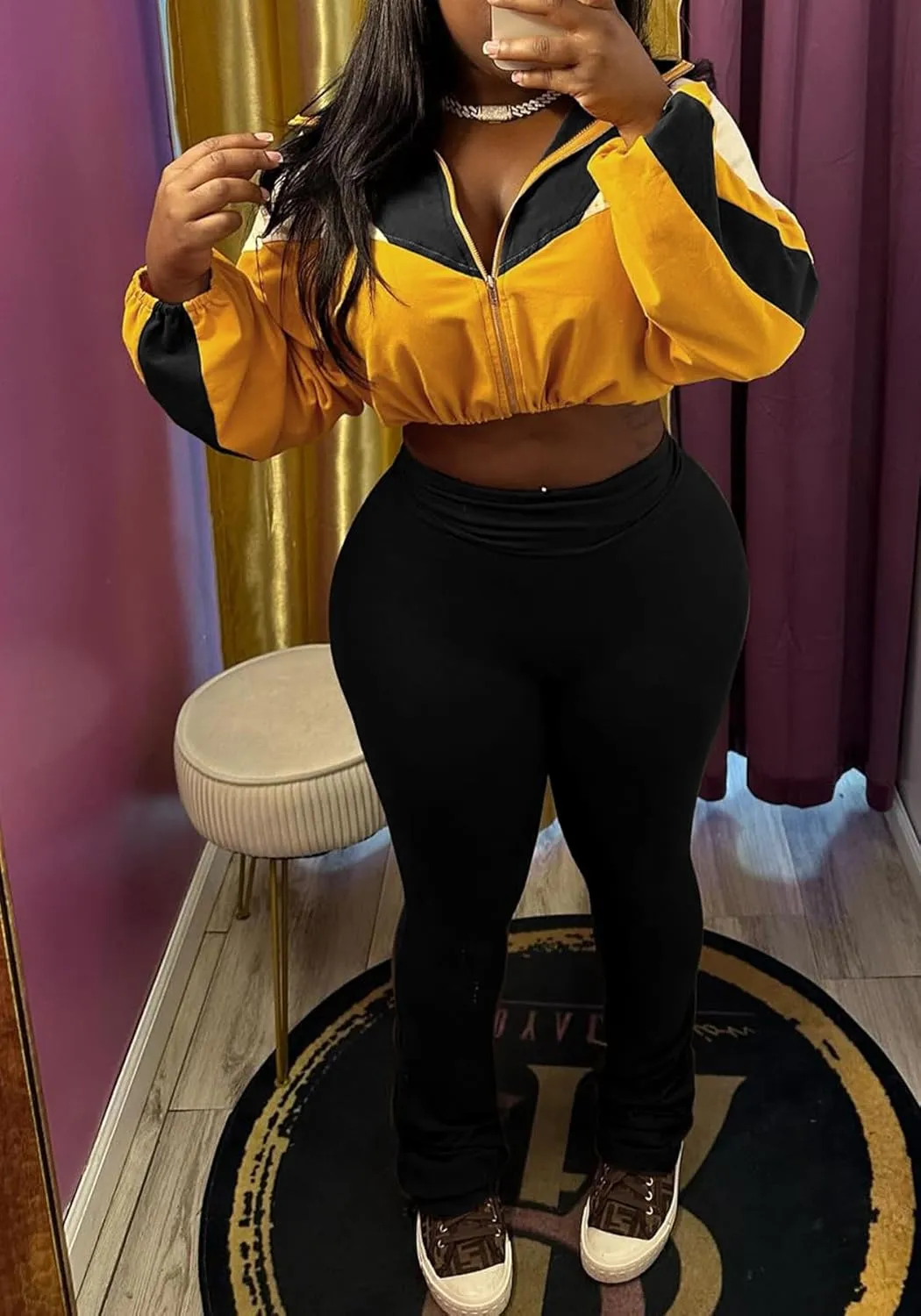 DINGANG Women's 2 Piece Sweatsuit Outfits Color Block Zip Up Cropped Jackets Flare Legging Pant Tracksuit Set