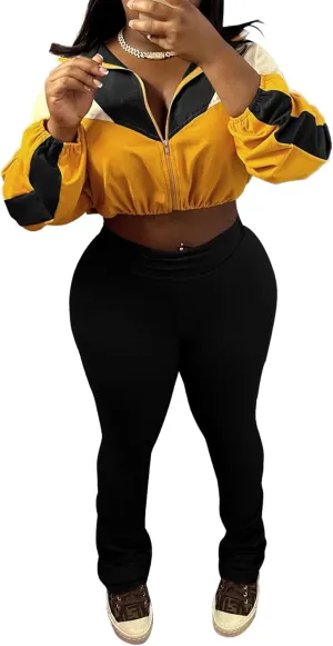 DINGANG Women's 2 Piece Sweatsuit Outfits Color Block Zip Up Cropped Jackets Flare Legging Pant Tracksuit Set