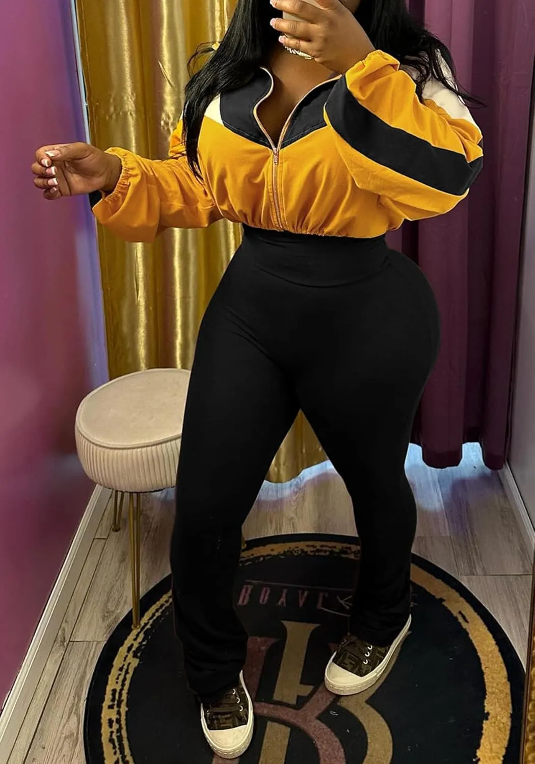DINGANG Women's 2 Piece Sweatsuit Outfits Color Block Zip Up Cropped Jackets Flare Legging Pant Tracksuit Set