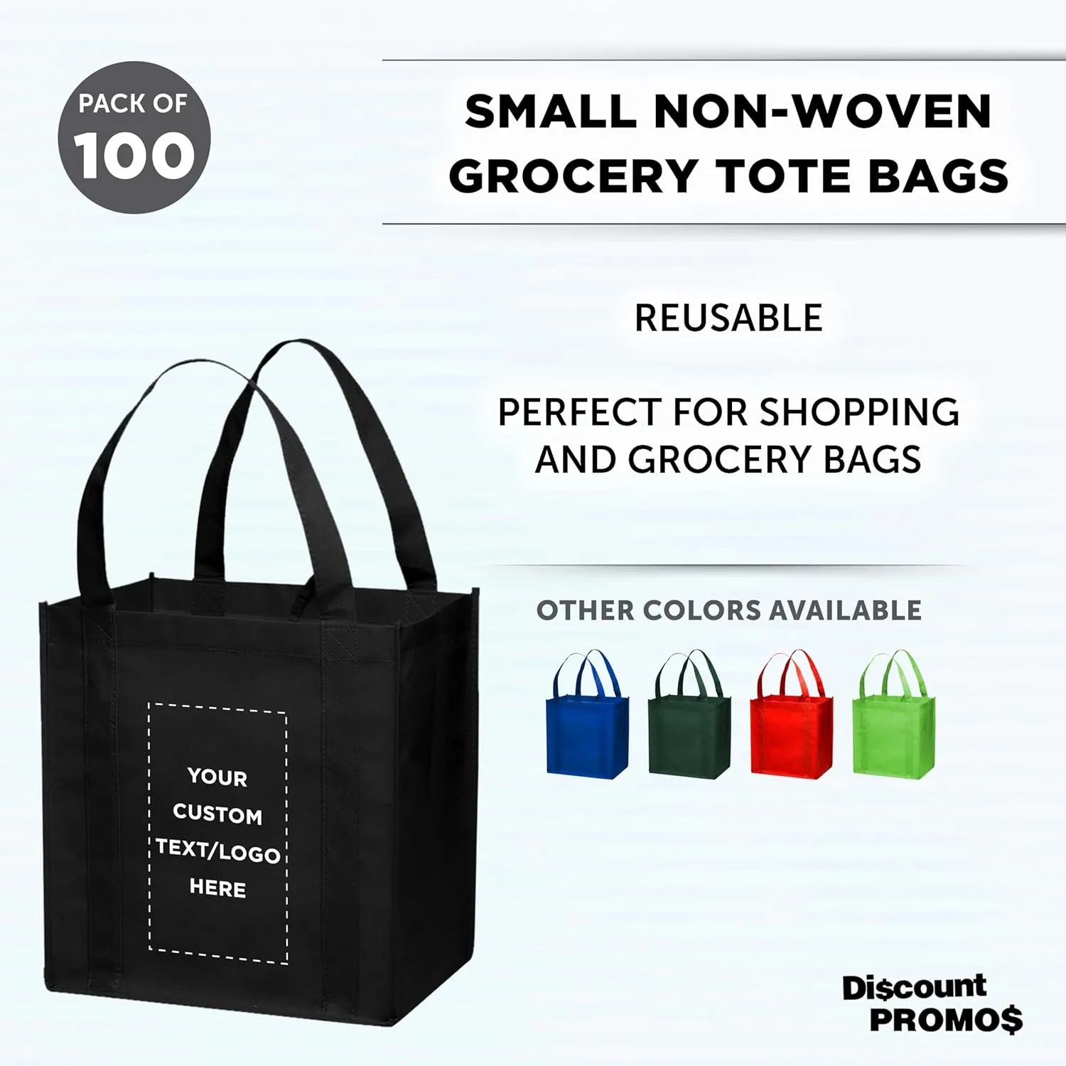 DISCOUNT PROMOS Custom Reusable Grocery Tote Bag for Shopping - 100 Pack - Personalized Logo, Text -Small Foldable Bags  Black - 12.625"X13"X8.75"