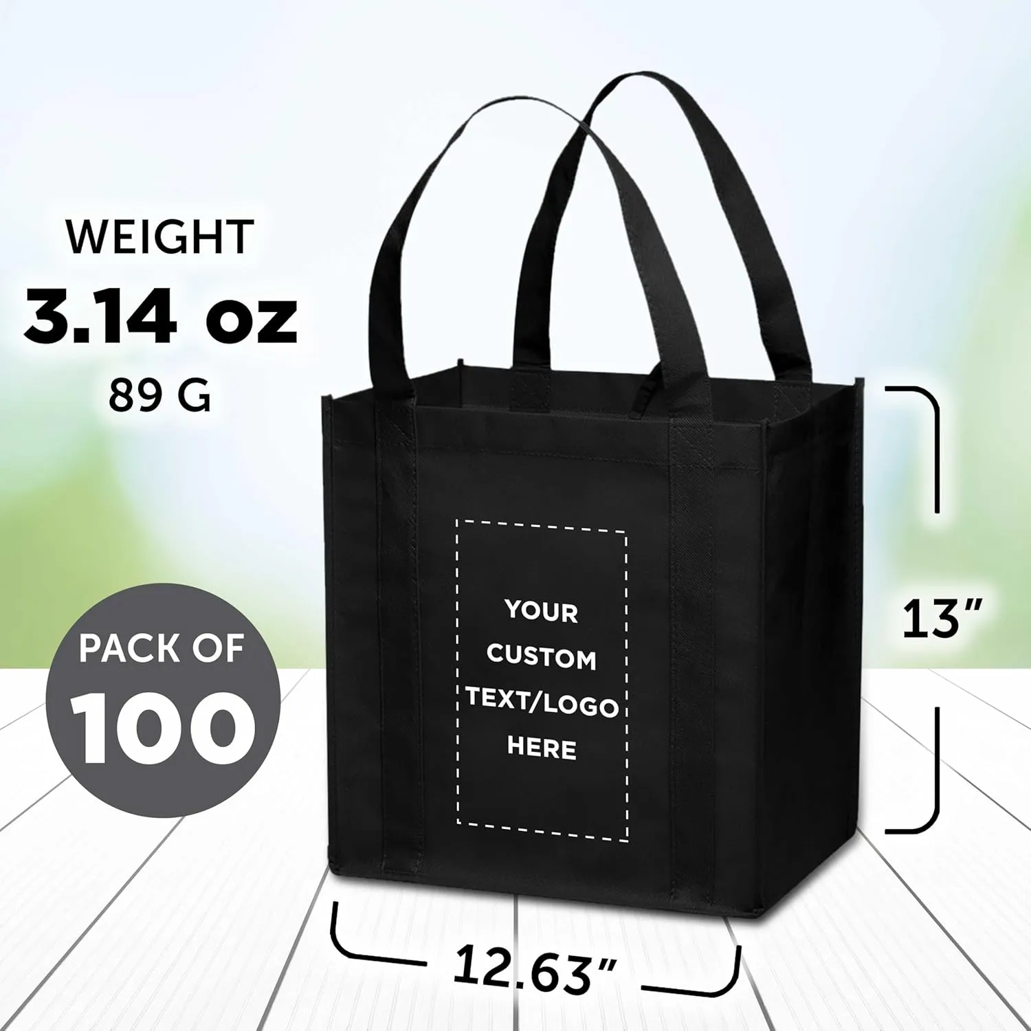 DISCOUNT PROMOS Custom Reusable Grocery Tote Bag for Shopping - 100 Pack - Personalized Logo, Text -Small Foldable Bags  Black - 12.625"X13"X8.75"