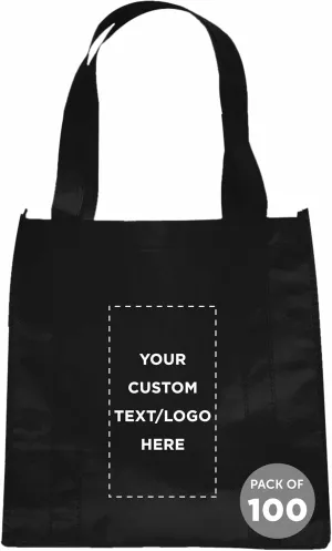 DISCOUNT PROMOS Custom Reusable Grocery Tote Bag for Shopping - 100 Pack - Personalized Logo, Text -Small Foldable Bags  Black - 12.625"X13"X8.75"