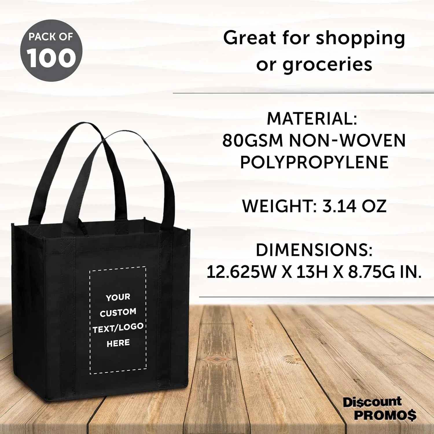 DISCOUNT PROMOS Custom Reusable Grocery Tote Bag for Shopping - 100 Pack - Personalized Logo, Text -Small Foldable Bags  Black - 12.625"X13"X8.75"