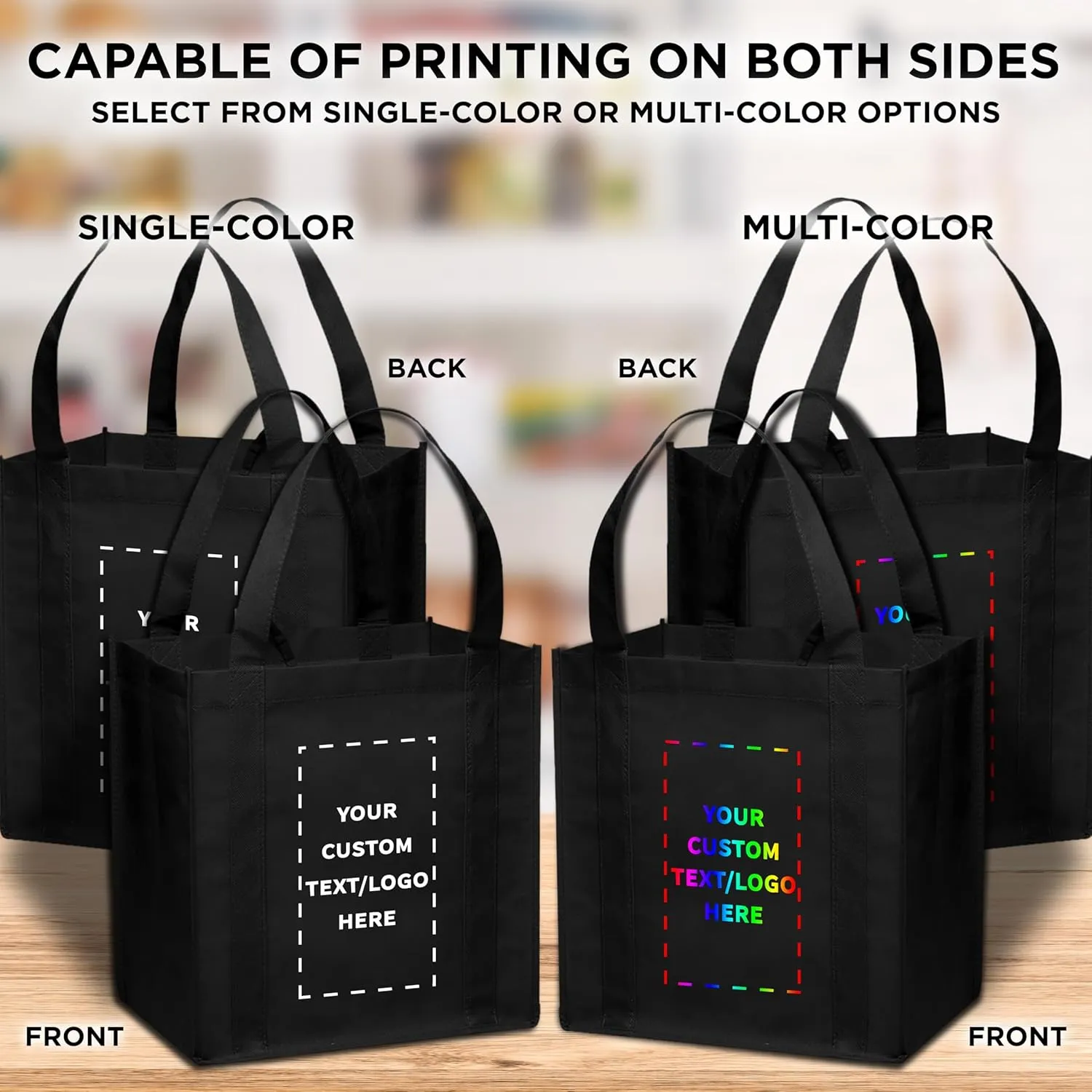 DISCOUNT PROMOS Custom Reusable Grocery Tote Bag for Shopping - 100 Pack - Personalized Logo, Text -Small Foldable Bags  Black - 12.625"X13"X8.75"