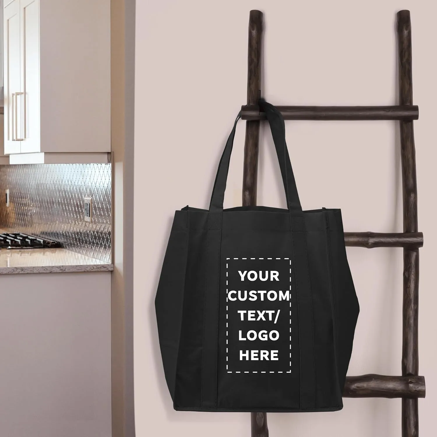 DISCOUNT PROMOS Custom Reusable Grocery Tote Bag for Shopping - 100 Pack - Personalized Logo, Text -Small Foldable Bags  Black - 12.625"X13"X8.75"