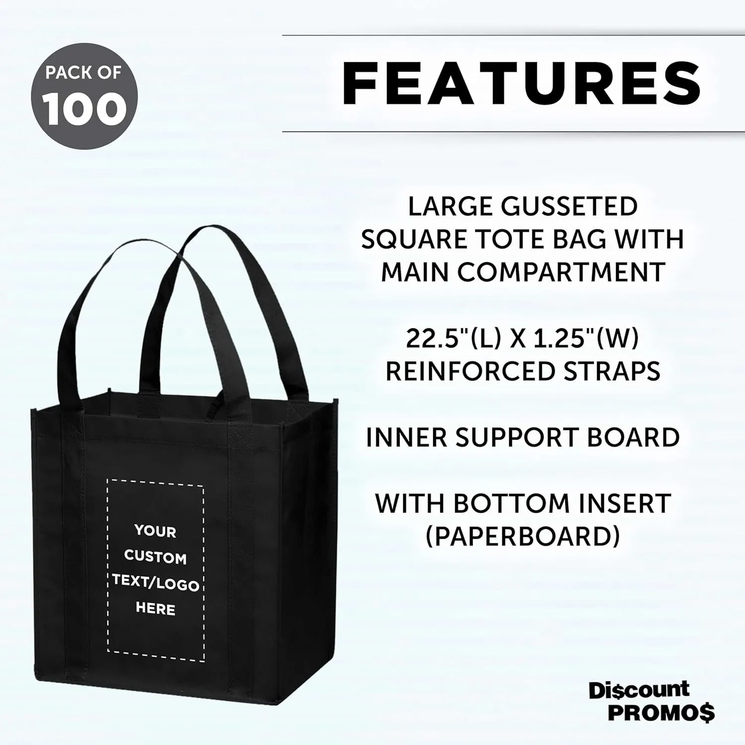 DISCOUNT PROMOS Custom Reusable Grocery Tote Bag for Shopping - 100 Pack - Personalized Logo, Text -Small Foldable Bags  Black - 12.625"X13"X8.75"