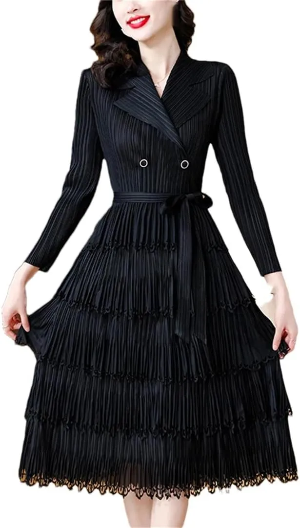 Dndrdhfb Women's Slim Fit Pleated Dress, Mid-Length Elastic Waist Slimming Long Skirt