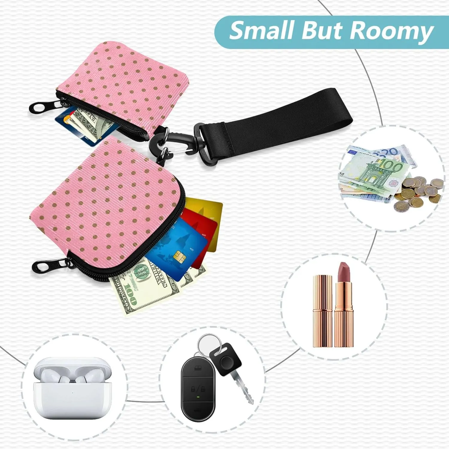 Dots Pink Women's Coin Purses Card Cases Thin Flat Change Purse Key Holder with Zipper Coin Pocket for Men Women 2 Pcs