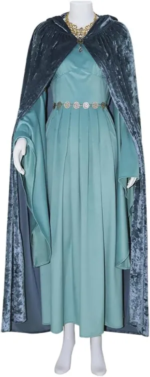 EDAUWAE Galadriel Costume Dress Womens Medieval Costume Princess with Hooded Cloak Lord Ring of Power Halloween Outfits