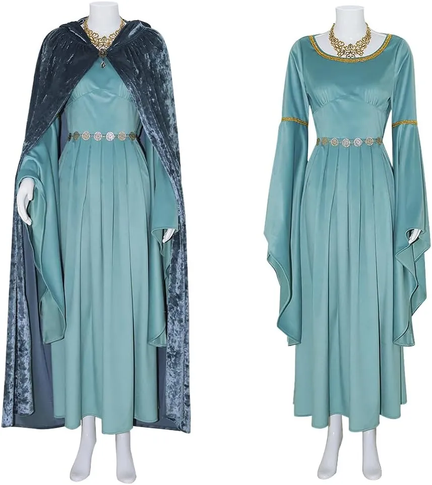 EDAUWAE Galadriel Costume Dress Womens Medieval Costume Princess with Hooded Cloak Lord Ring of Power Halloween Outfits