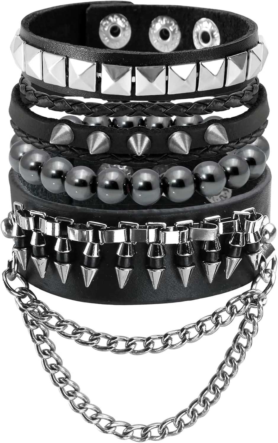 Eigso Punk Leather Cuff Bracelets for Men Women 80s Retro Hematite Rock Spikes Metal Cuff Wristband Set Adjustable for Man Woman