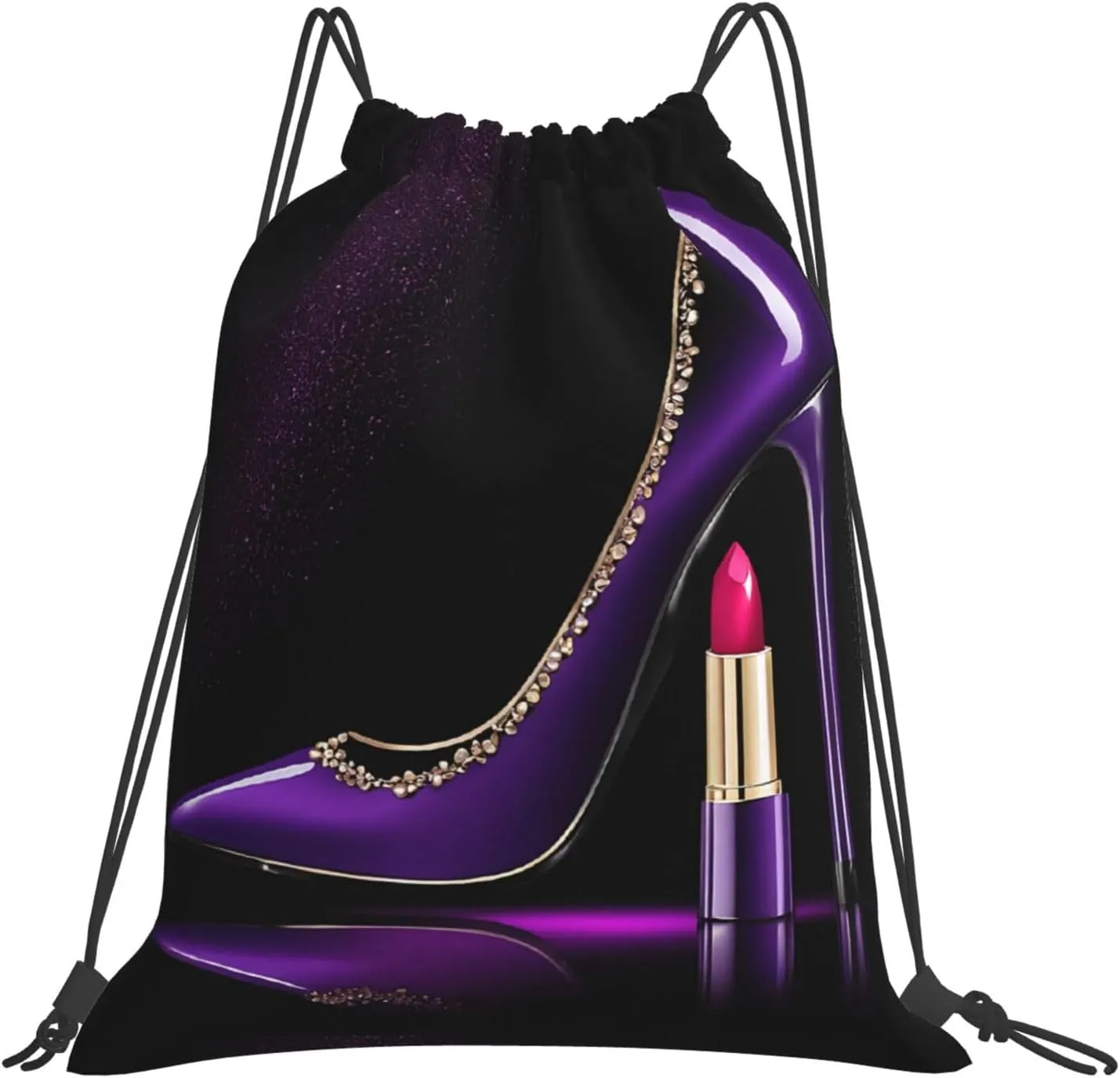 (Elegant Purple High Heels With Lipstick) Drawstring Backpack Drawstring Gym Bag Foldable Water Drawstring Bags Draw String Back Bag For Shopping Sport Yoga Travel, Swimming, Beach
