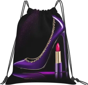 (Elegant Purple High Heels With Lipstick) Drawstring Backpack Drawstring Gym Bag Foldable Water Drawstring Bags Draw String Back Bag For Shopping Sport Yoga Travel, Swimming, Beach