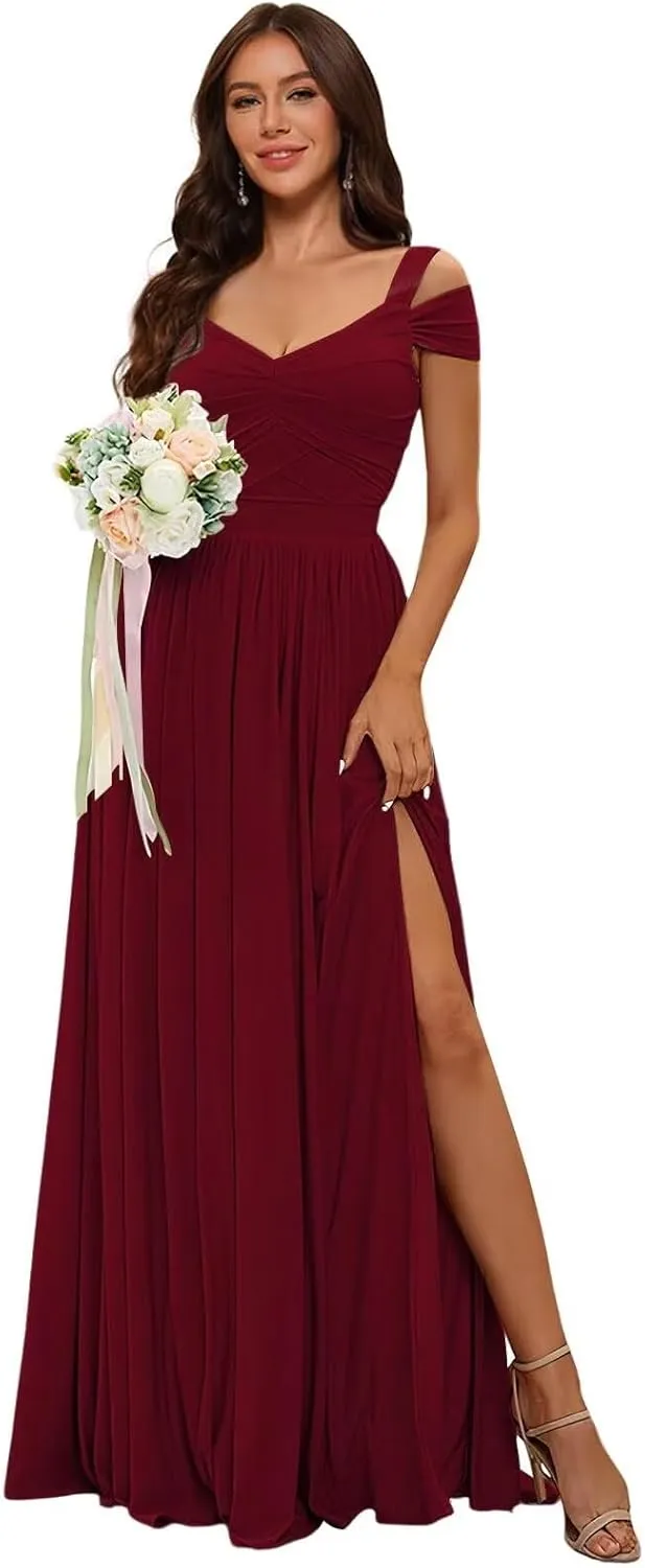 Elegant Women Bridesmaid Dresses 2024 with Slit Cold Shoulder Chiffon Formal Party Dresses with Pockets RO145