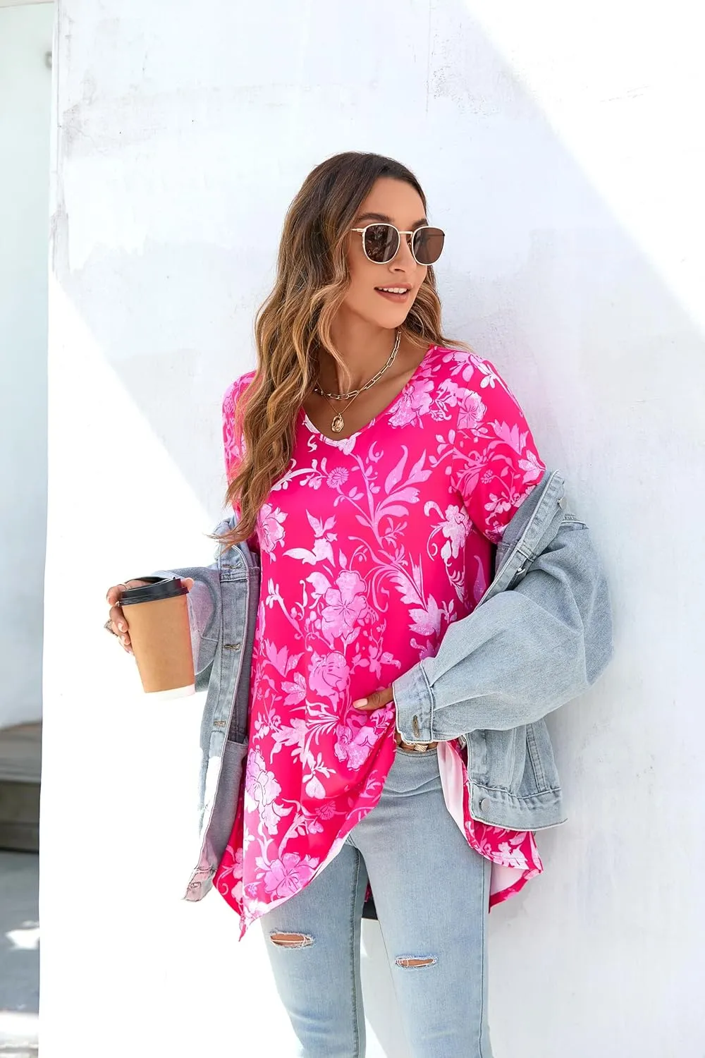ENMAIN Tunic Tops for Women 3/4 Sleeve Plus Size Women's Tunics Loose Fit Floral Swing Flare Ladies Blouse for Leggings