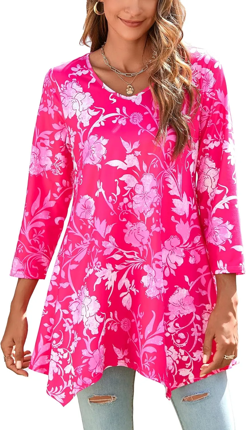 ENMAIN Tunic Tops for Women 3/4 Sleeve Plus Size Women's Tunics Loose Fit Floral Swing Flare Ladies Blouse for Leggings
