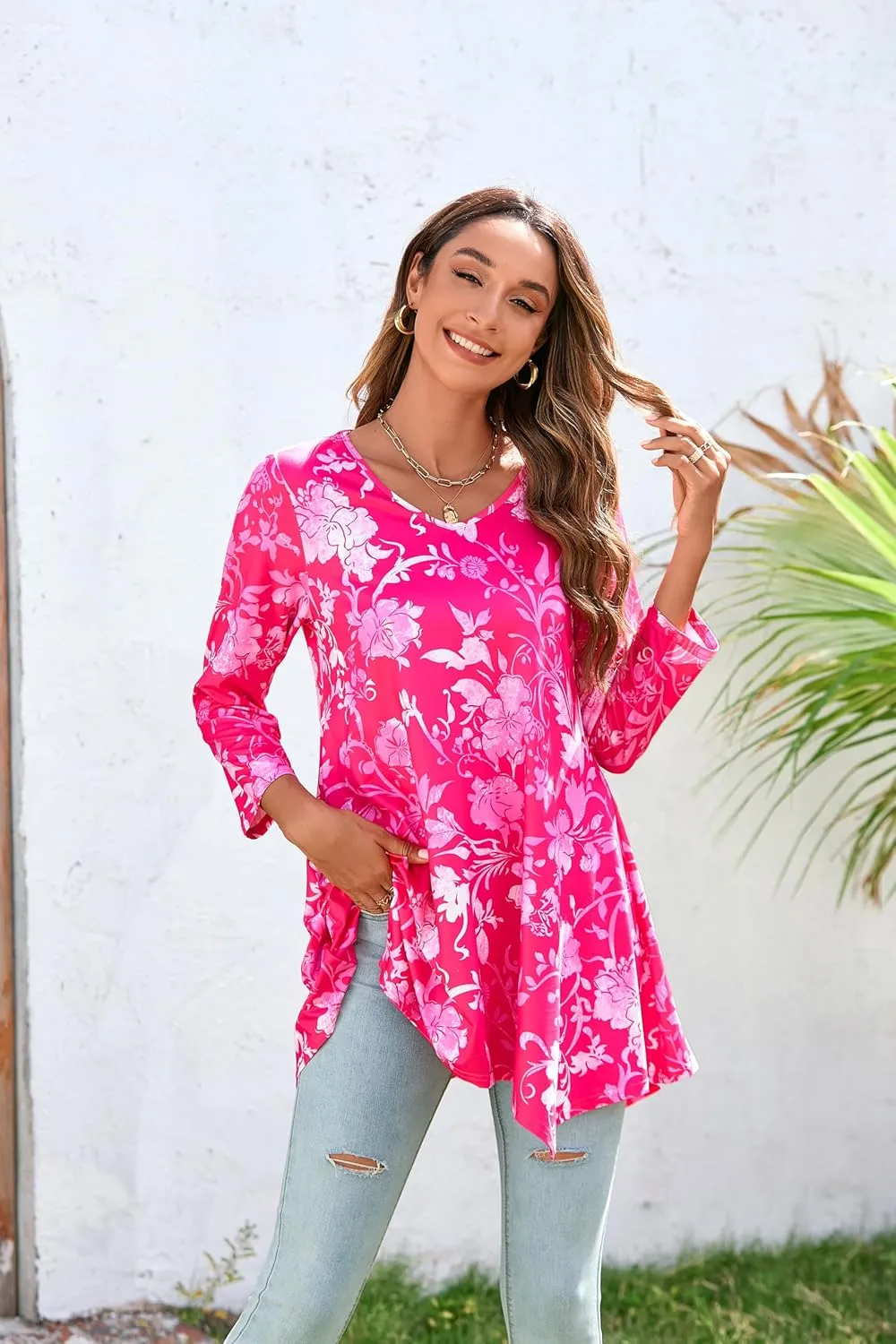 ENMAIN Tunic Tops for Women 3/4 Sleeve Plus Size Women's Tunics Loose Fit Floral Swing Flare Ladies Blouse for Leggings