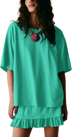 Esmeling Women Summer 2 Piece Skirt Sets Round Neck Short Sleeve Outfits Casual Tops and Pleated Skirts Sets