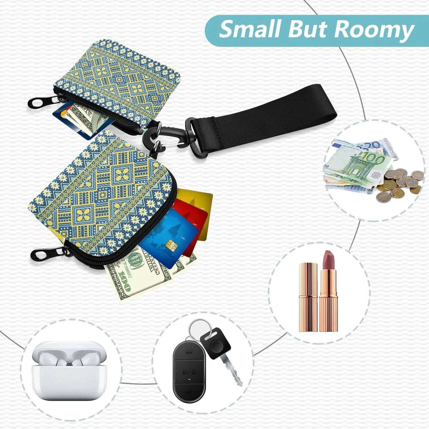 Ethnic Oriental Pattern Traditional Design Women's Wallets Card Cases Cute Fashion Change Purse Key Holder with Zipper Pocket for Women Men 2 Pcs