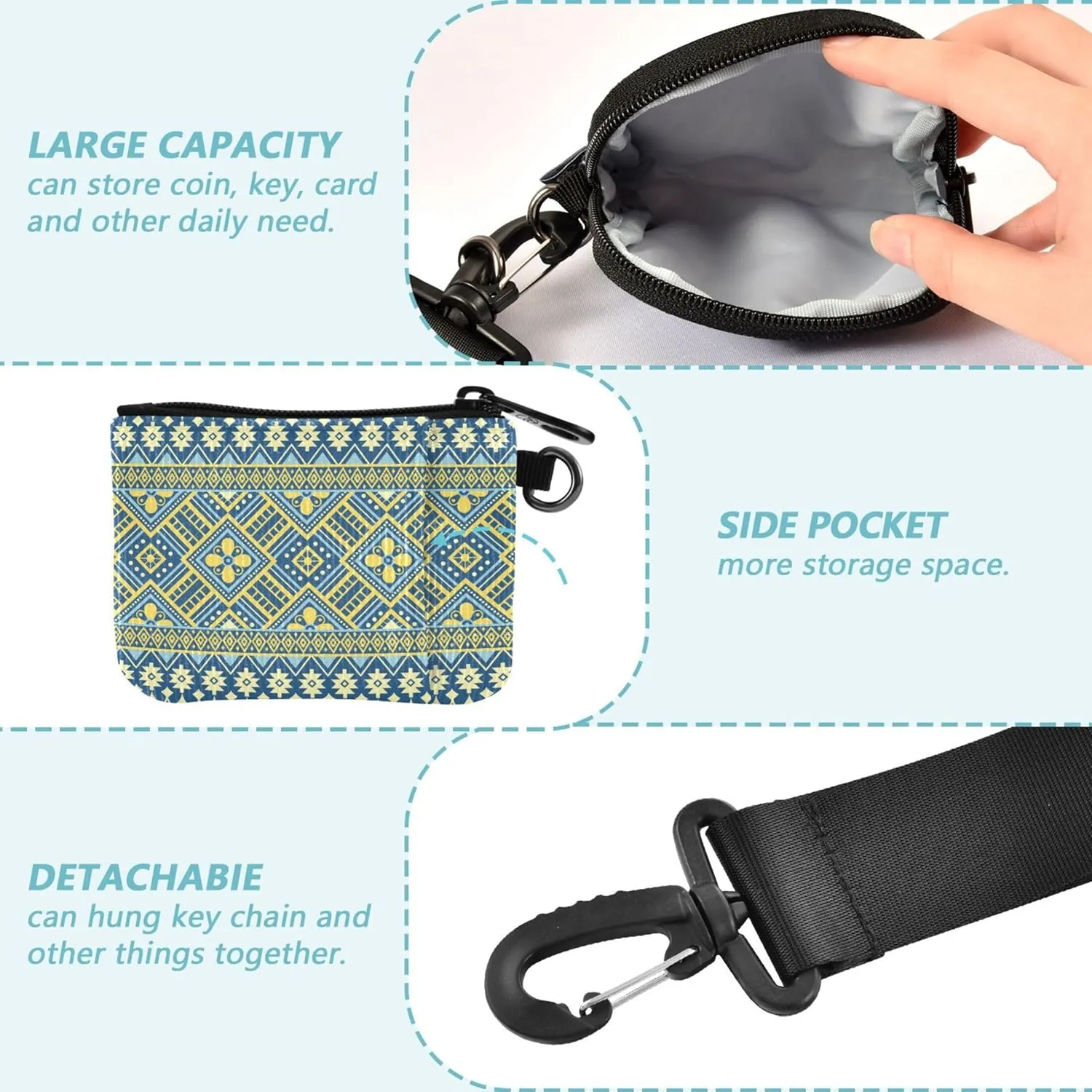 Ethnic Oriental Pattern Traditional Design Women's Wallets Card Cases Cute Fashion Change Purse Key Holder with Zipper Pocket for Women Men 2 Pcs