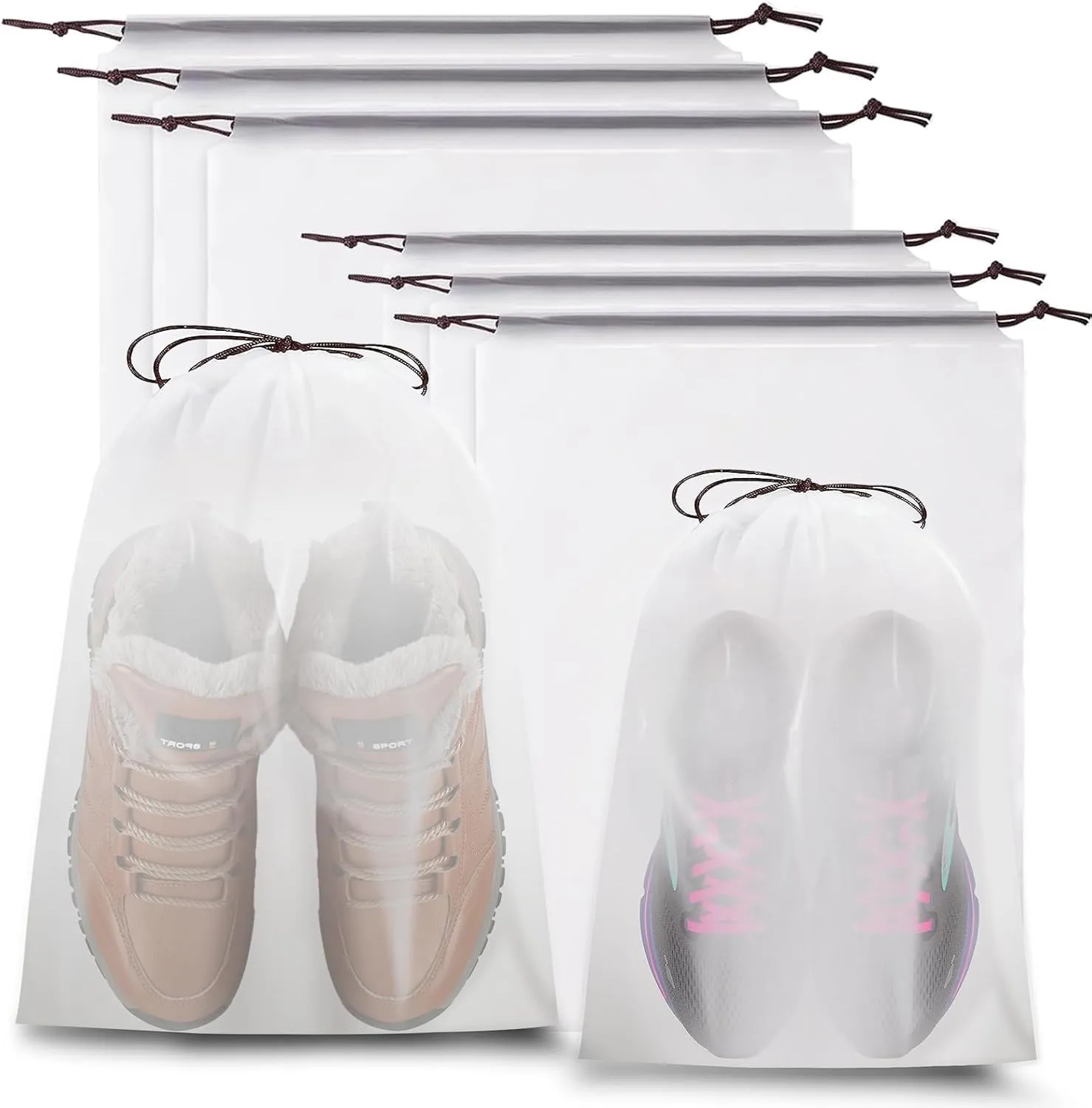Extra Larg Clear Shoe Bags for Travel 6 PCS, 3 Pcs 13.8" x 17.7" & 3 Pcs 11.8" x 15.7" Drawstring Travel Shoe Bags for Compression Packing,Road Trip Cruise Travel Essentials Shoe Storage Bag
